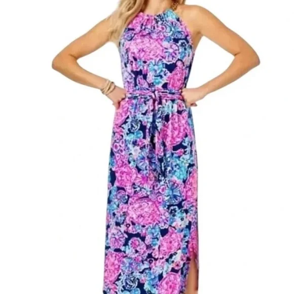 NWT Lilly Pulitzer Bingham Midi Dress Turtle Amazement Print Chain Halter XL - Picture 1 of 4